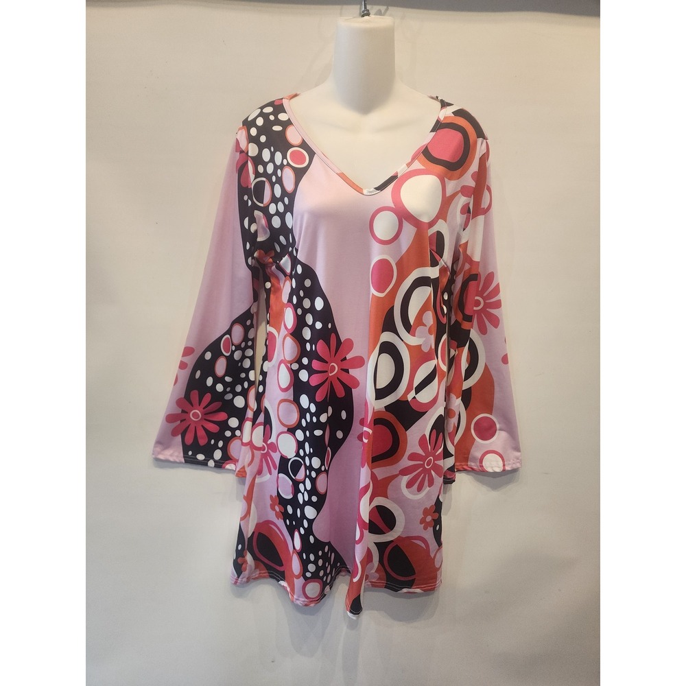 Women's Dress Pink Floral Bell Sleeve Mod Retro 70s Style Large - Picture 3 of 8